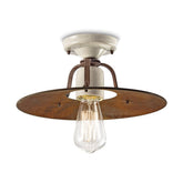 Rusztikus, vidéki stílusú, antikolt, repesztett felületű mázas kerámiából és rozsdás fémből készült, kézműves mennyezeti lámpa.